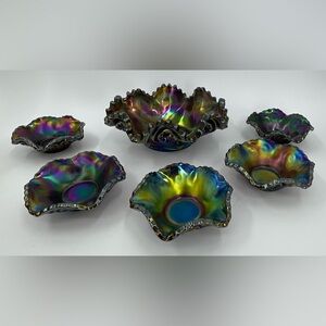 Imperial Amethyst Carnival Glass Zippered Heart Berry Bowl Set of 6 - 1 Lg 5 Sml